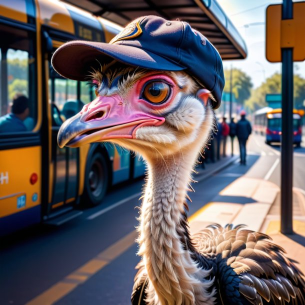 Photo d'une autruche dans une casquette sur l'arrêt de bus