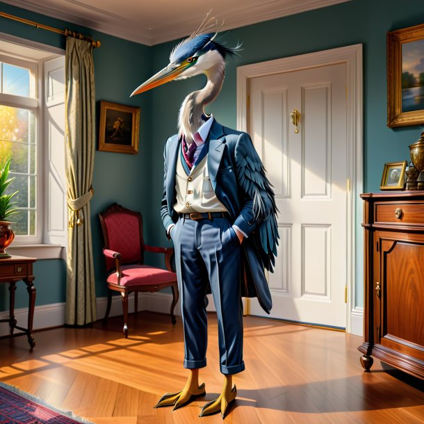 Drawing of a heron in a trousers in the house