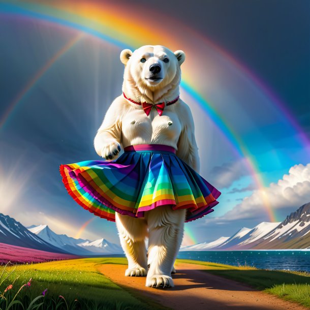 Drawing of a polar bear in a skirt on the rainbow