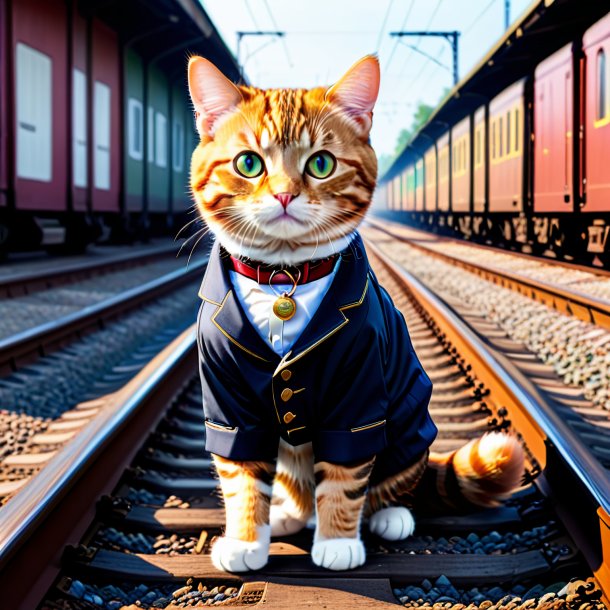 Image of a cat in a trousers on the railway tracks