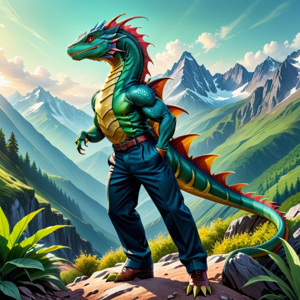 Drawing of a basilisk in a trousers in the mountains