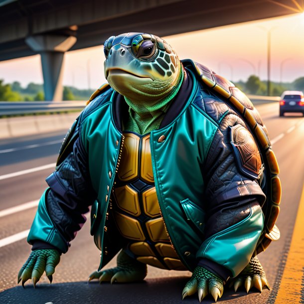 Picture of a turtle in a jacket on the highway