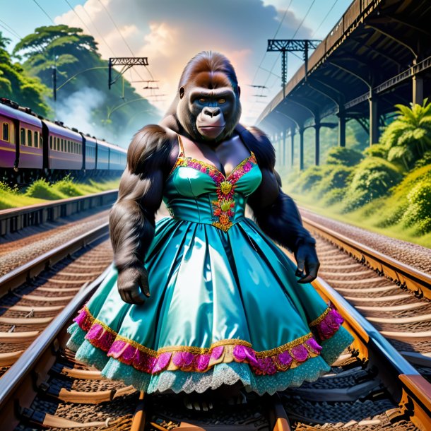 Picture of a gorilla in a dress on the railway tracks