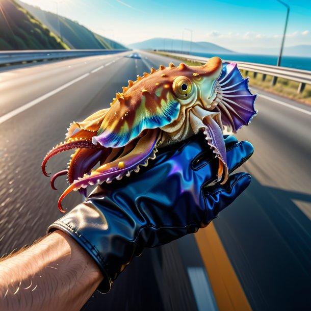 Drawing of a cuttlefish in a gloves on the highway