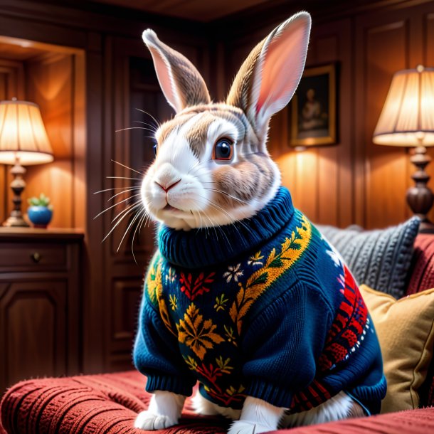 Picture of a rabbit in a sweater in the house