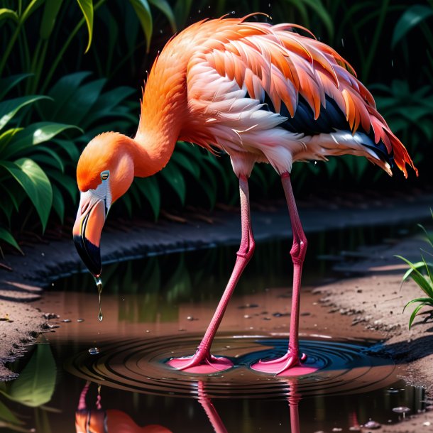 Drawing of a flamingo in a cap in the puddle