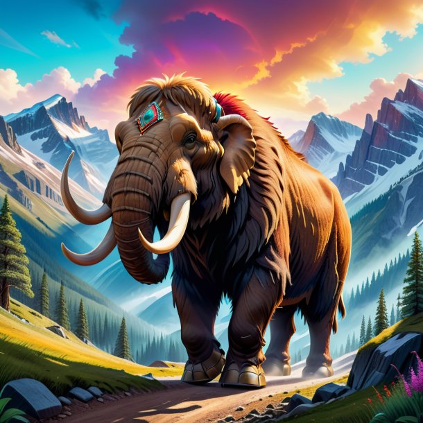 Illustration of a mammoth in a shoes in the mountains