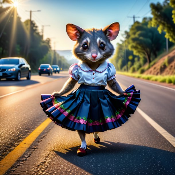 Image of a possum in a skirt on the road