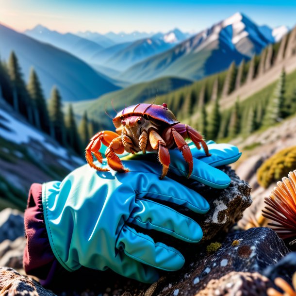 Pic of a hermit crab in a gloves in the mountains