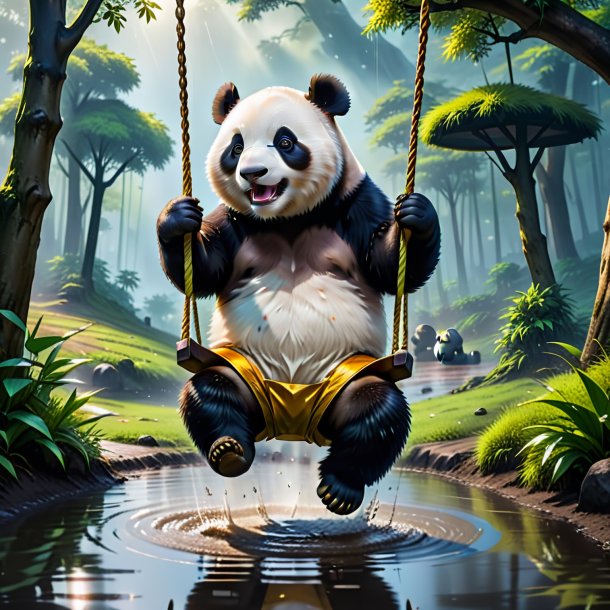 Picture of a swinging on a swing of a giant panda in the puddle