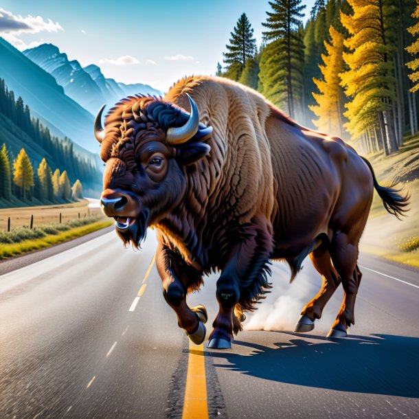 Photo d'une danse d'un bison sur la route