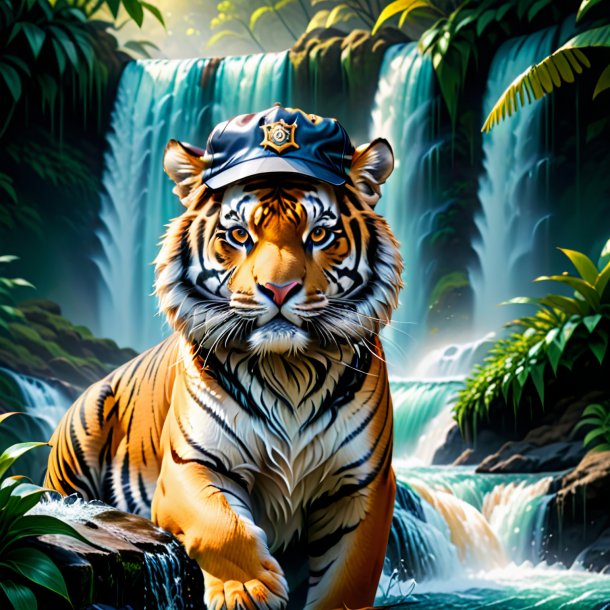 Picture of a tiger in a cap in the waterfall