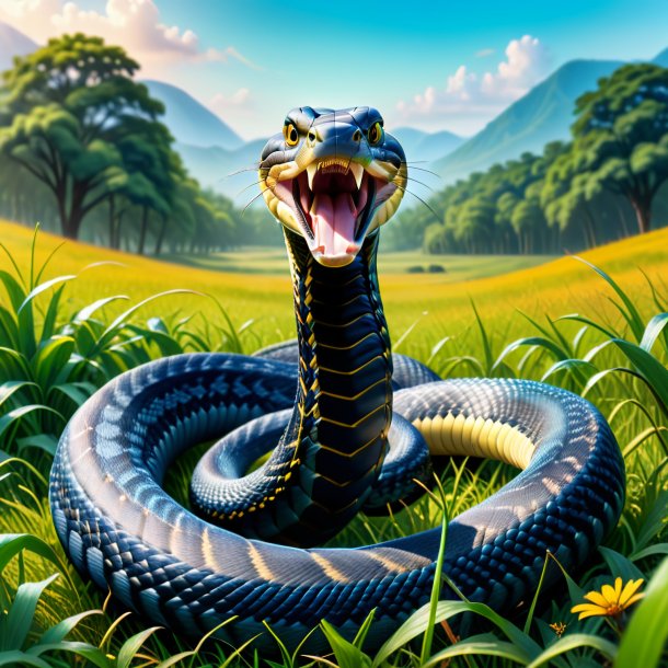 Ilustração de uma cobra rei em um jeans no prado