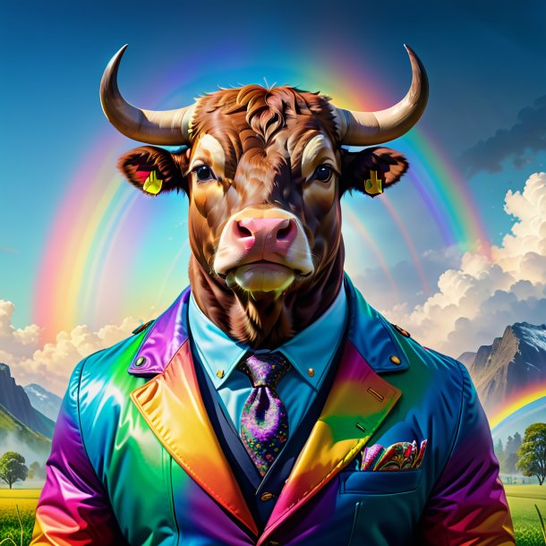 Ilustración de un toro en una chaqueta en el arco iris