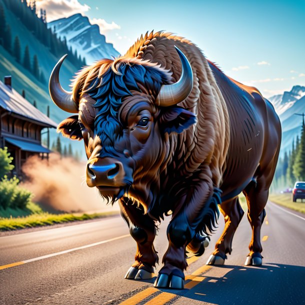 Pic of a buffalo in a gloves on the road