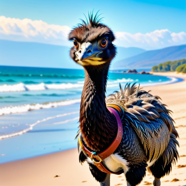 Photo d'un emu dans une ceinture sur la plage