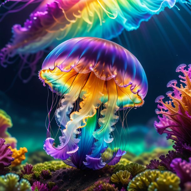 Picture of a jellyfish in a coat on the rainbow