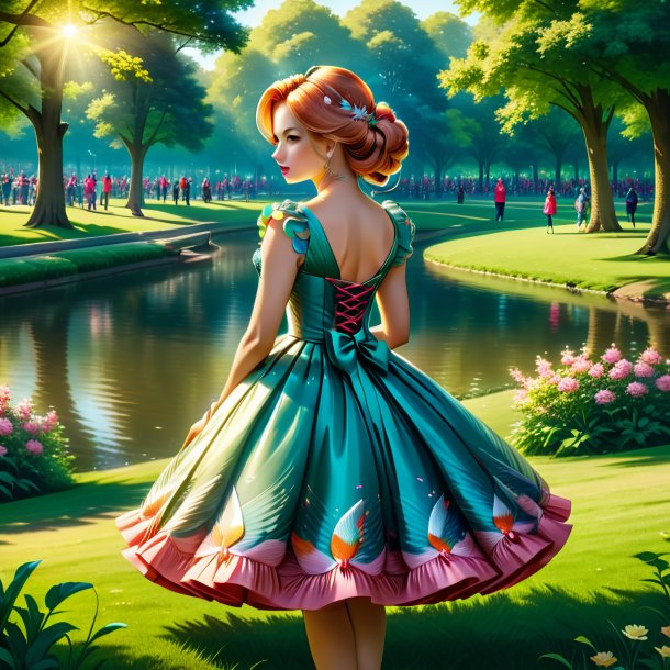 Illustration of a carp in a dress in the park