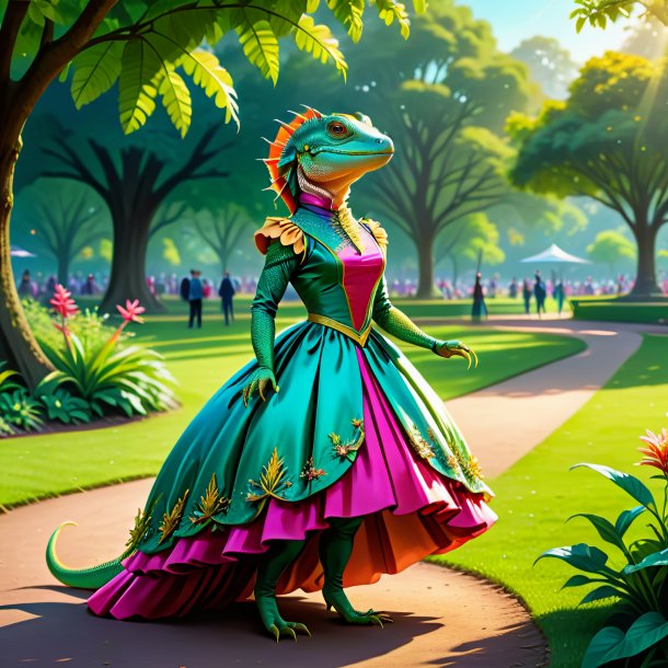 Ilustração de um lagarto em um vestido no parque