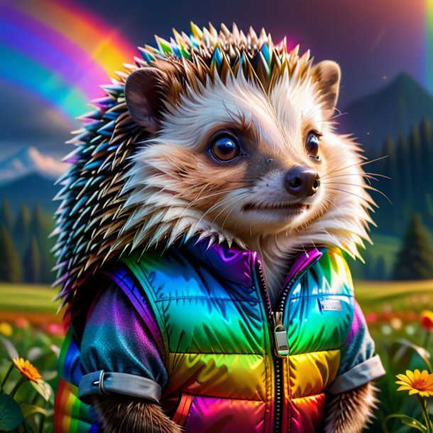 Drawing of a hedgehog in a vest on the rainbow