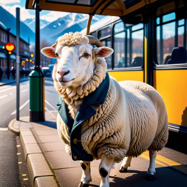 Foto de uma ovelha em um casaco no ponto de ônibus