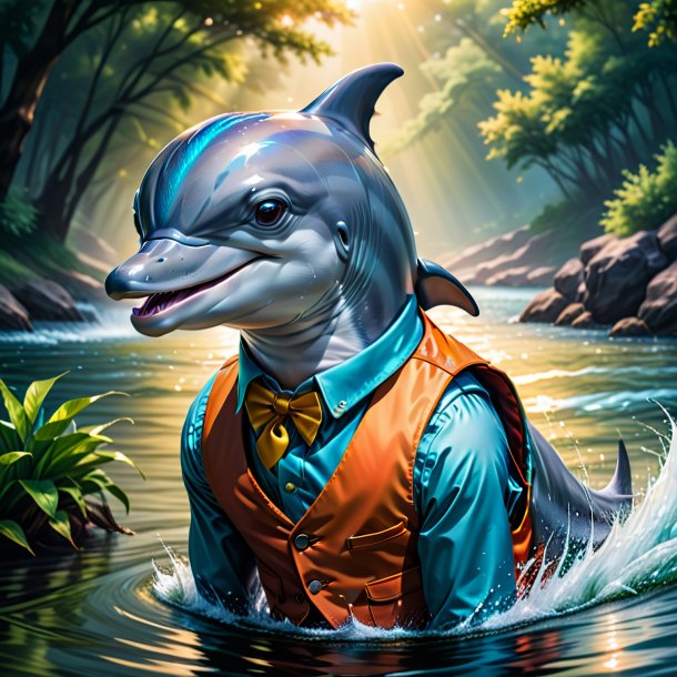 Illustration of a dolphin in a vest in the river