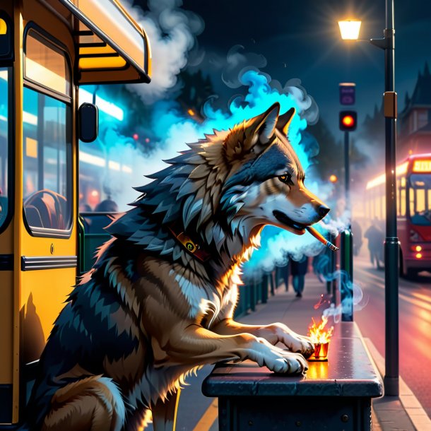 Picture of a smoking of a wolf on the bus stop