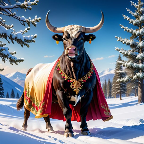 Foto de un toro en un vestido en la nieve