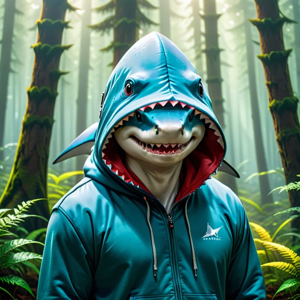 Picture of a shark in a hoodie in the forest