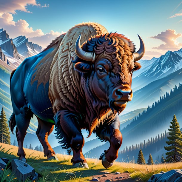 Illustration of a bison in a jeans in the mountains