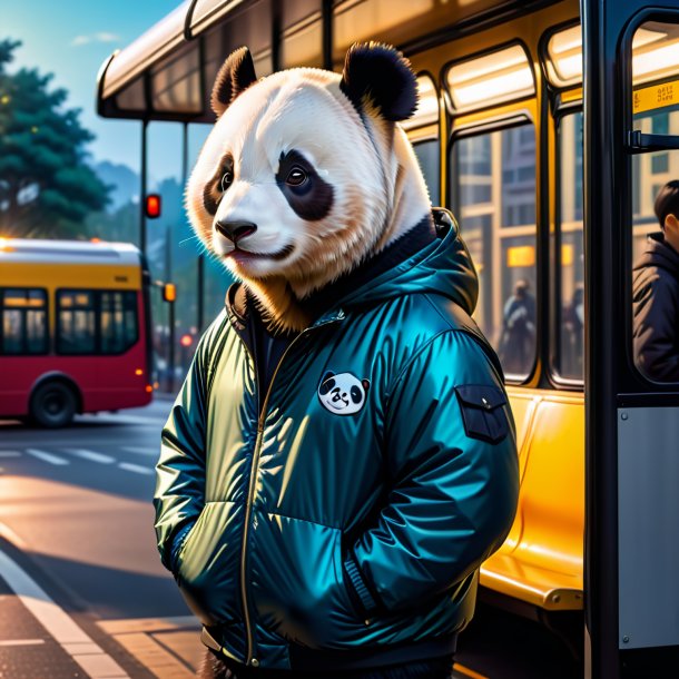 Picture of a giant panda in a jacket on the bus stop