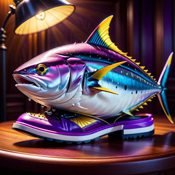 Image of a tuna in a purple shoes