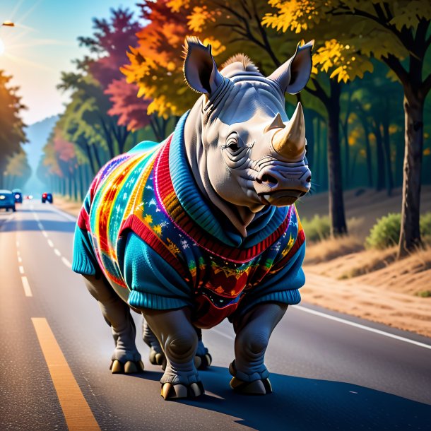 Pic of a rhinoceros in a sweater on the road