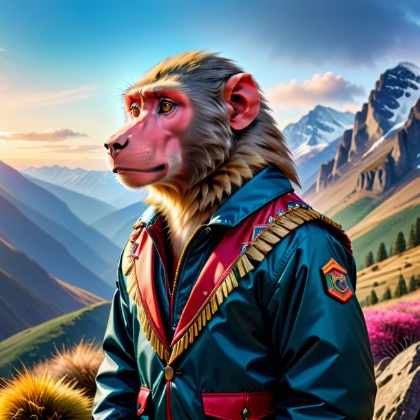 Picture of a baboon in a jacket in the mountains