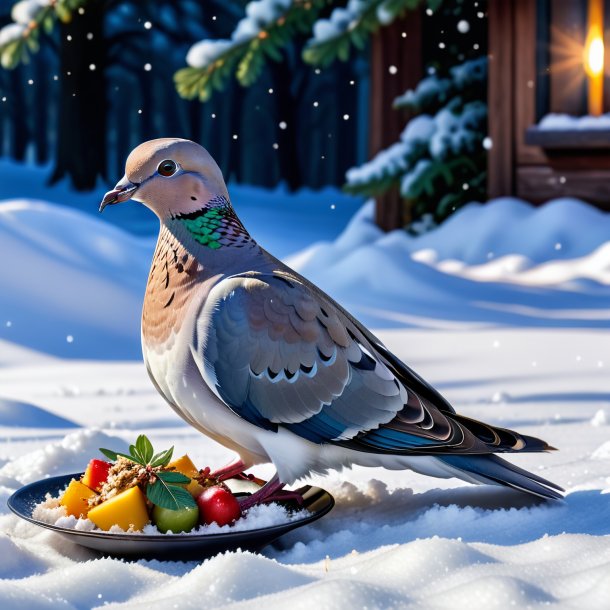 Image d'un repas d'une colombe dans la neige