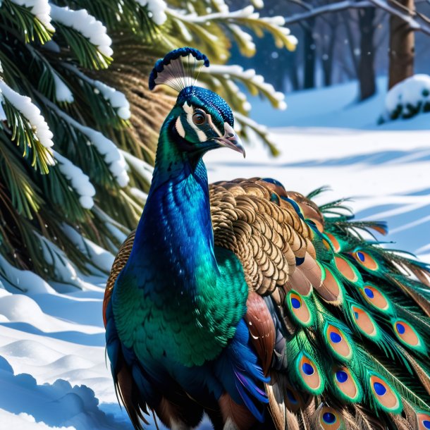 Imagen de un descanso de un pavo real en la nieve