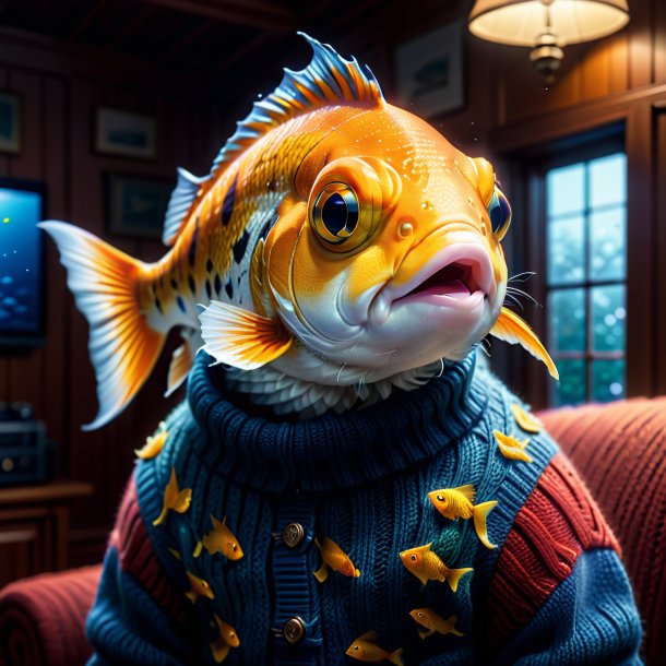 Illustration of a fish in a sweater in the house