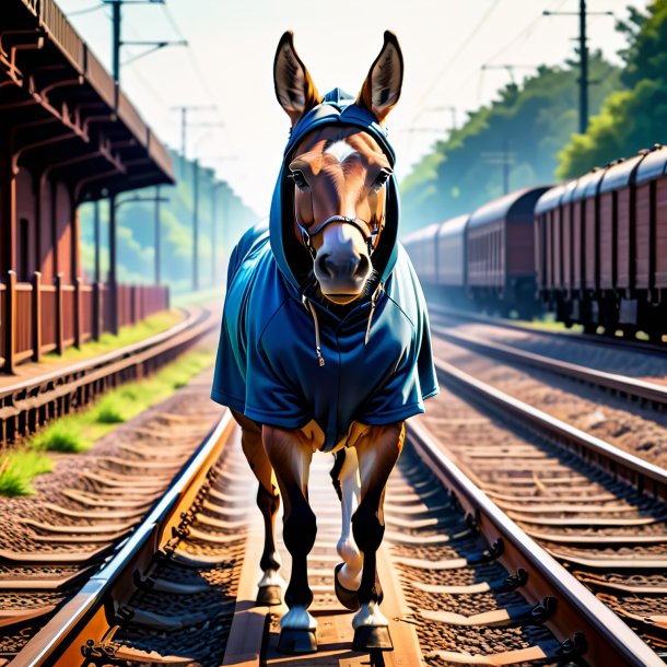 Foto de uma mula em um hoodie nos trilhos ferroviários