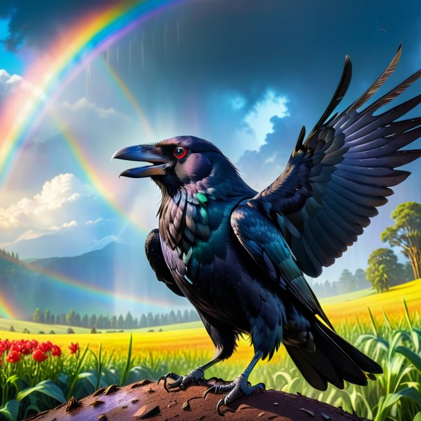 Image of a threatening of a crow on the rainbow