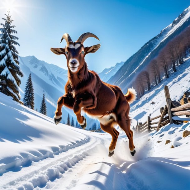 Photo of a jumping of a goat in the snow