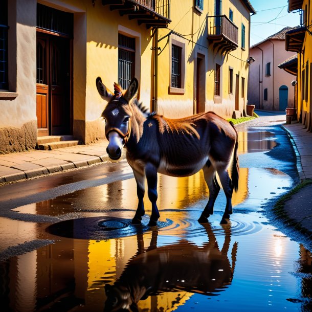 Uma imagem de um burro à espera na poça