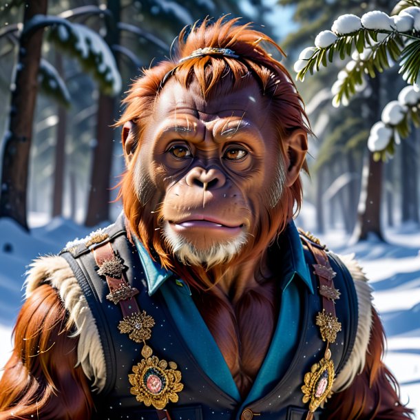 Picture of a orangutan in a vest in the snow