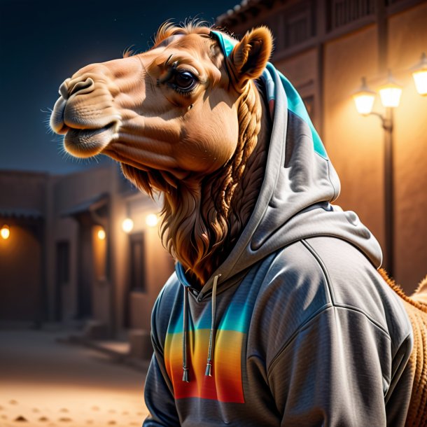 Picture of a camel in a gray hoodie