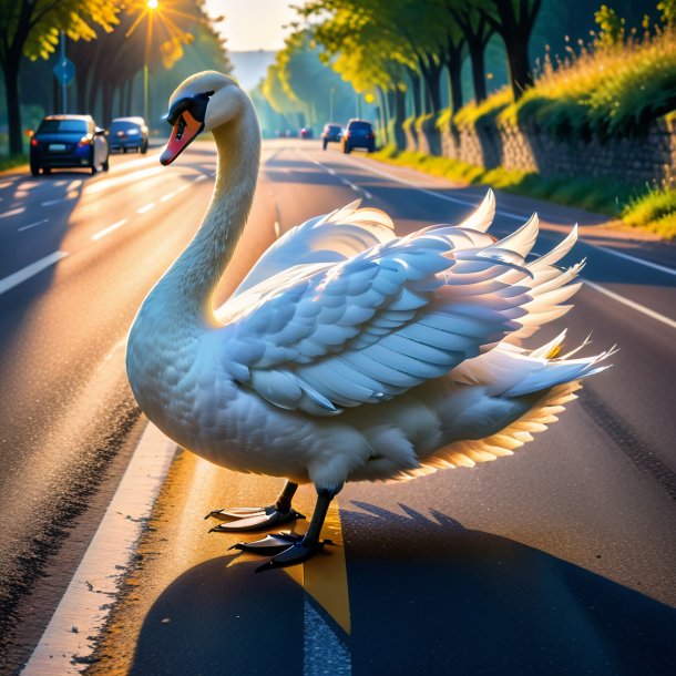 Foto de um cisne em uma saia na estrada