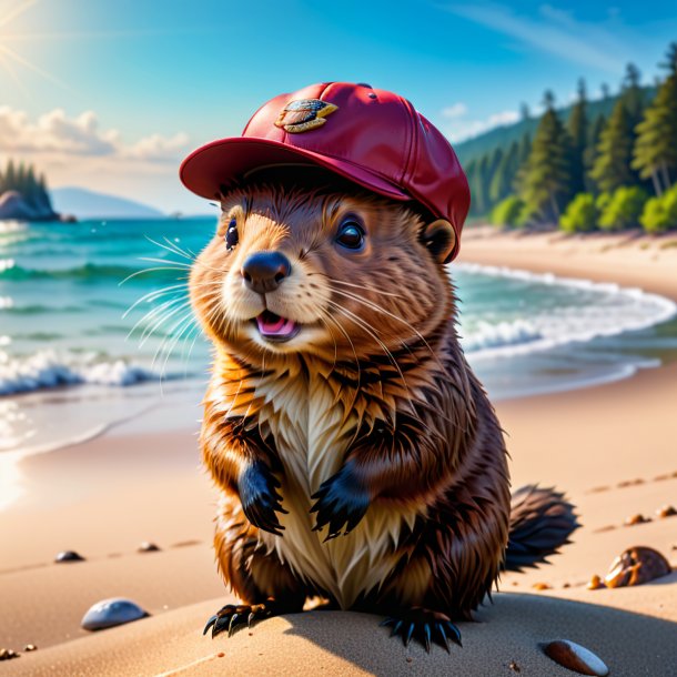 Photo of a beaver in a cap on the beach