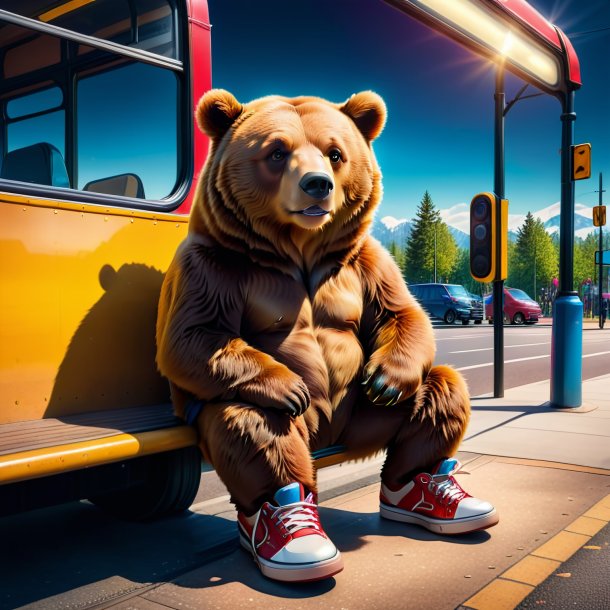 Foto de um urso em um sapato no ponto de ônibus