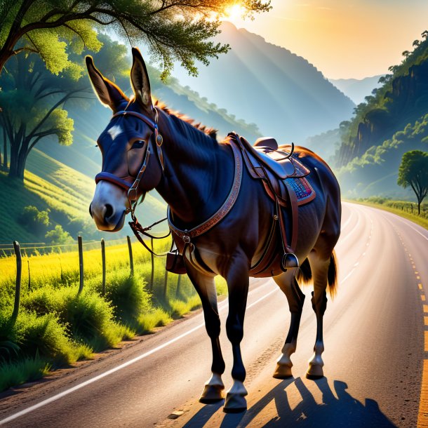 Picture of a mule in a belt on the road