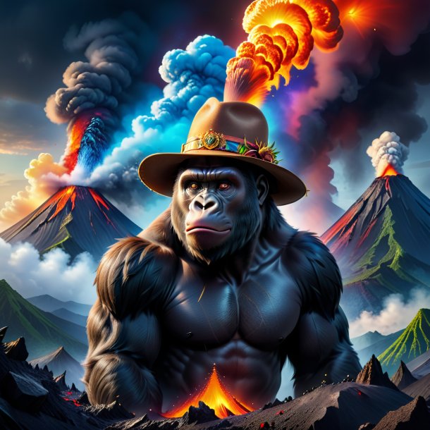 Picture of a gorilla in a hat in the volcano