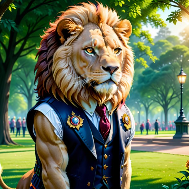 Illustration of a lion in a vest in the park