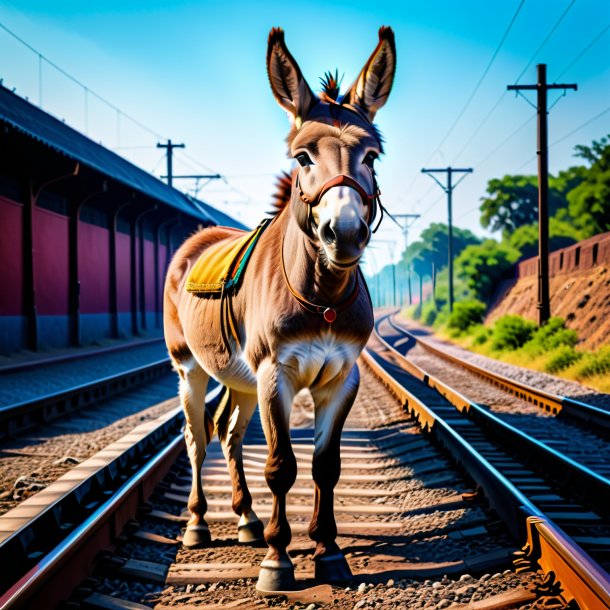 Image of a donkey in a cap on the railway tracks